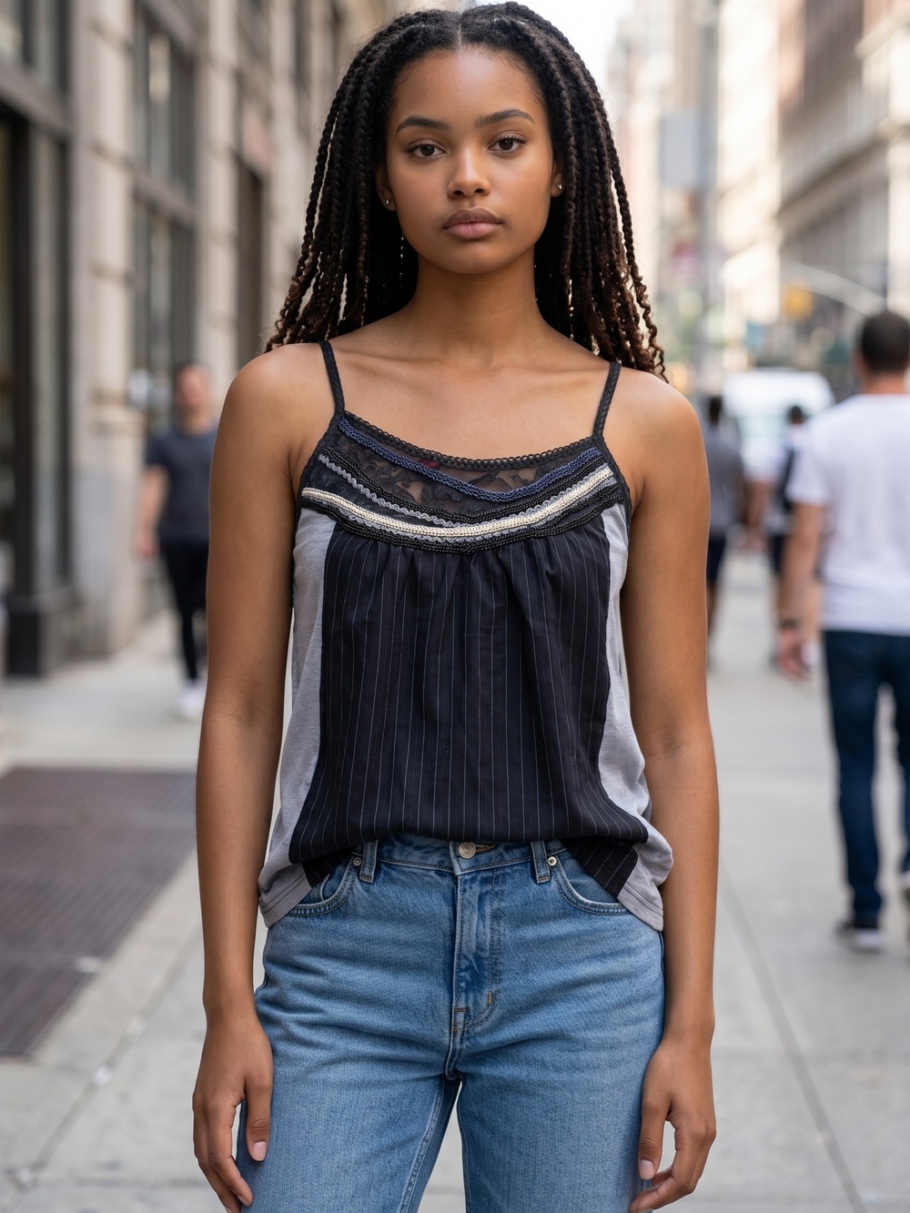 Black Lace-Trim Pinstripe Cami Tank Top